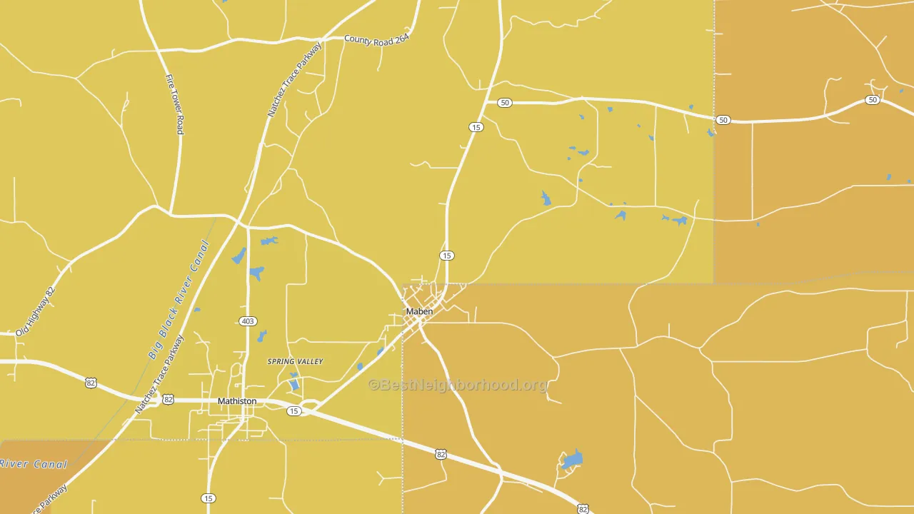 Map of the best neighborhoods in the Maben area, with better matches in green and worse matches in red