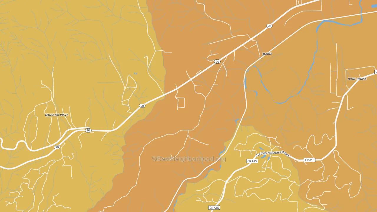 Map of the best neighborhoods in the Mabie area, with better matches in green and worse matches in red