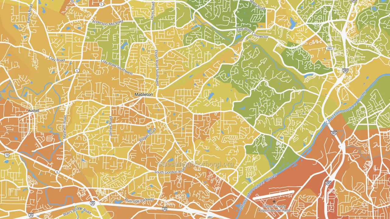 Map of the best neighborhoods in the Mableton area, with better matches in green and worse matches in red