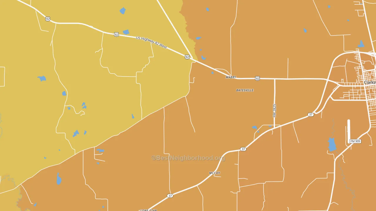 Map of the best neighborhoods in the Mabry area, with better matches in green and worse matches in red