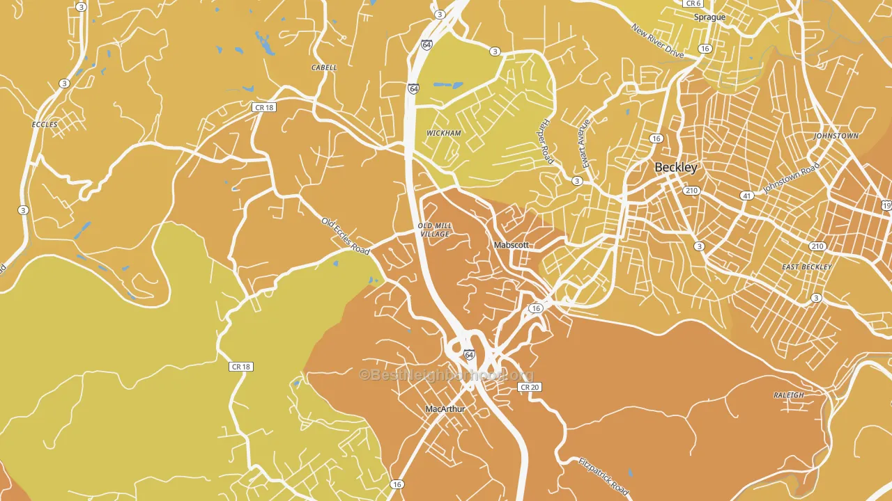 Map of the best neighborhoods in the Mabscott area, with better matches in green and worse matches in red