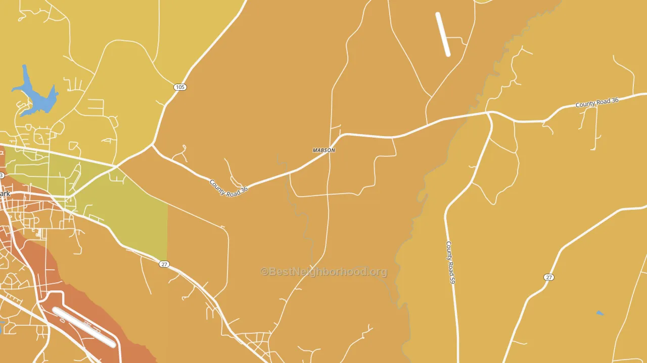 Map of the best neighborhoods in the Mabson area, with better matches in green and worse matches in red