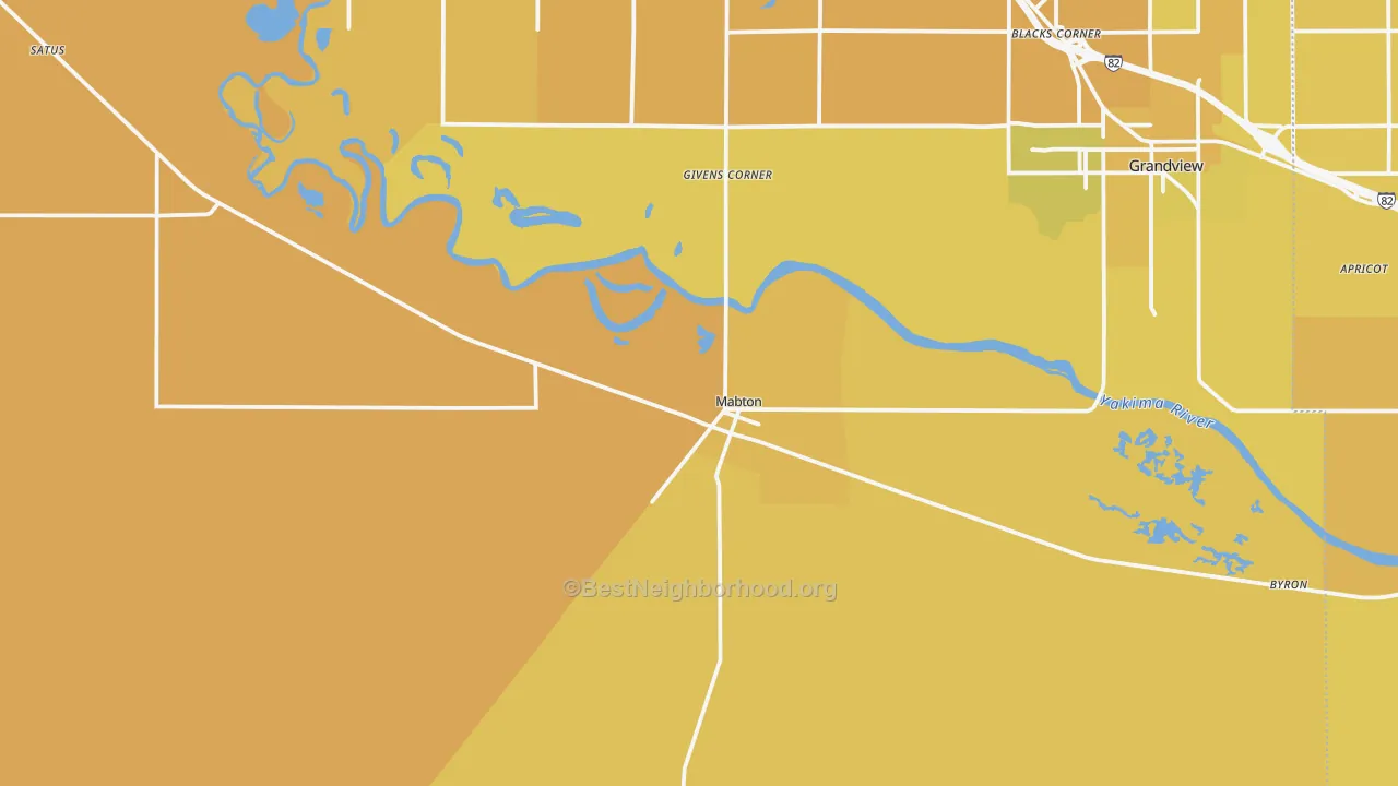 Map of the best neighborhoods in the Mabton area, with better matches in green and worse matches in red