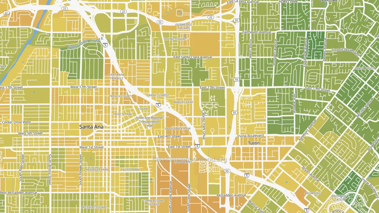 Map of the best neighborhoods in the Mabury Park, Santa Ana area, with better matches in green and worse matches in red