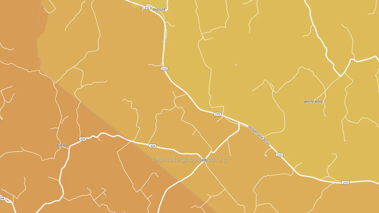 Map of the best neighborhoods in the Mac area, with better matches in green and worse matches in red