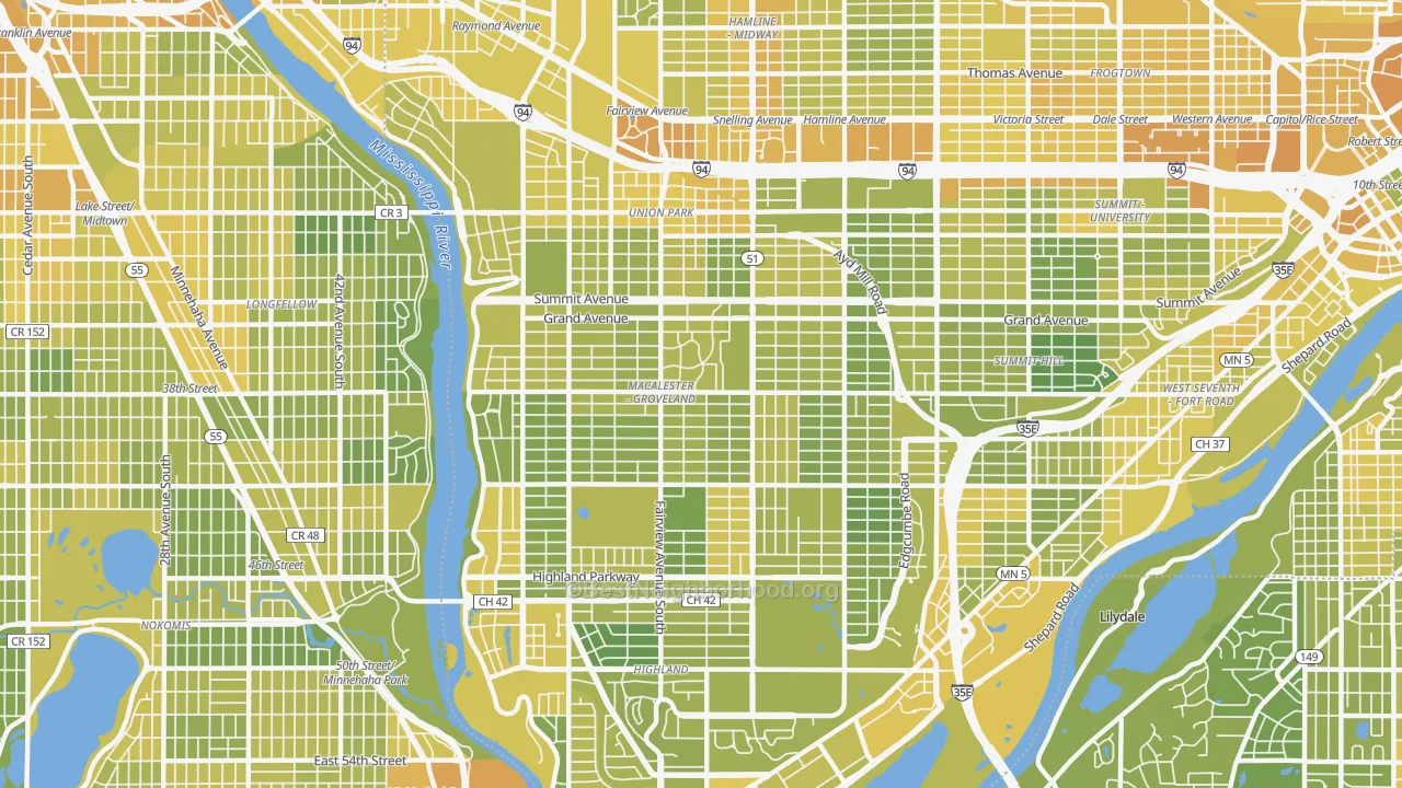 Map of the best neighborhoods in the Macalester-Groveland, St. Paul area, with better matches in green and worse matches in red