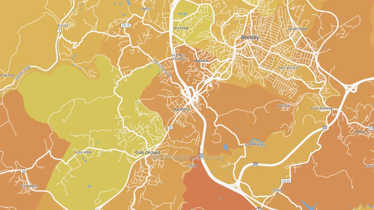 Map of the best neighborhoods in the MaCarthur area, with better matches in green and worse matches in red