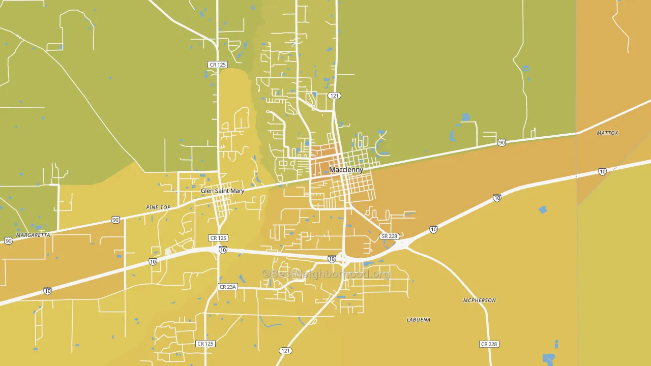 Map of the best neighborhoods in the Macclenny area, with better matches in green and worse matches in red