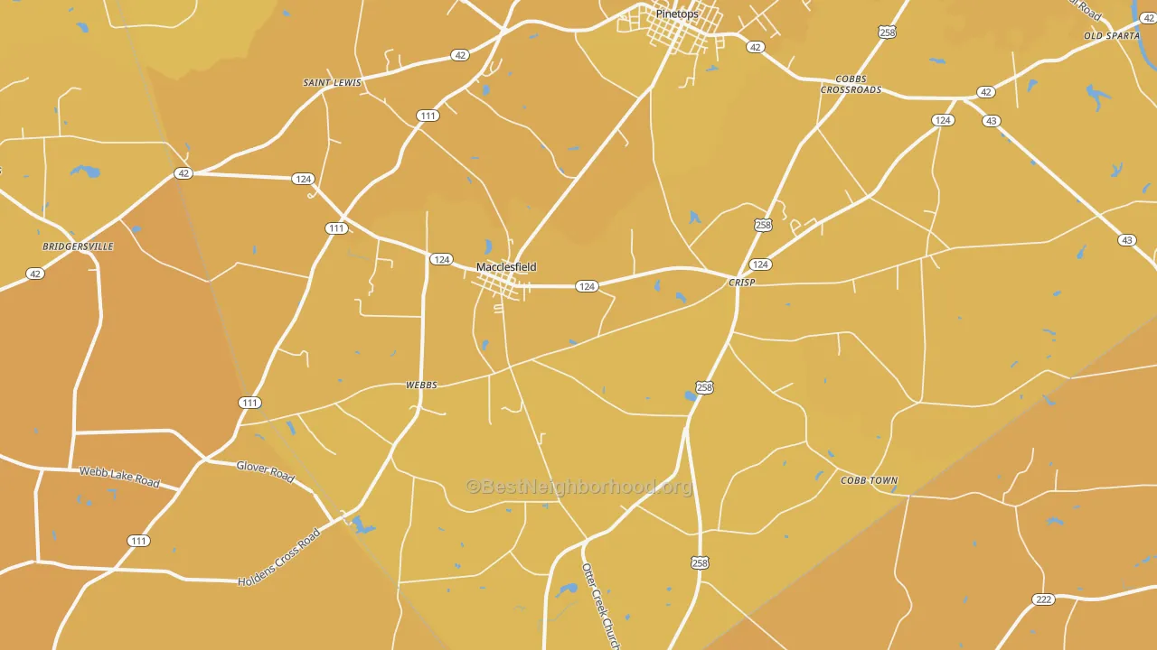 Map of the best neighborhoods in the Macclesfield area, with better matches in green and worse matches in red