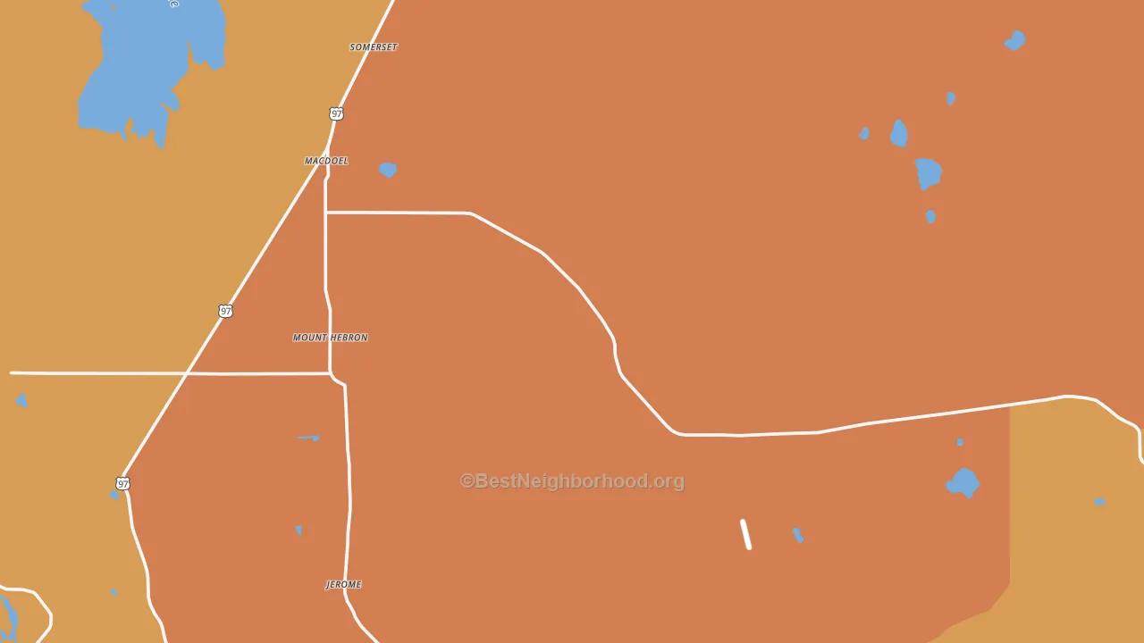 Map of the best neighborhoods in the Macdoel area, with better matches in green and worse matches in red