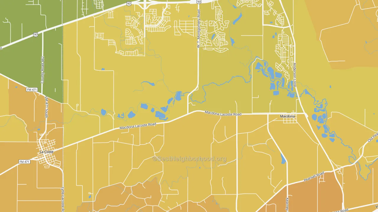 Map of the best neighborhoods in the Macdona area, with better matches in green and worse matches in red