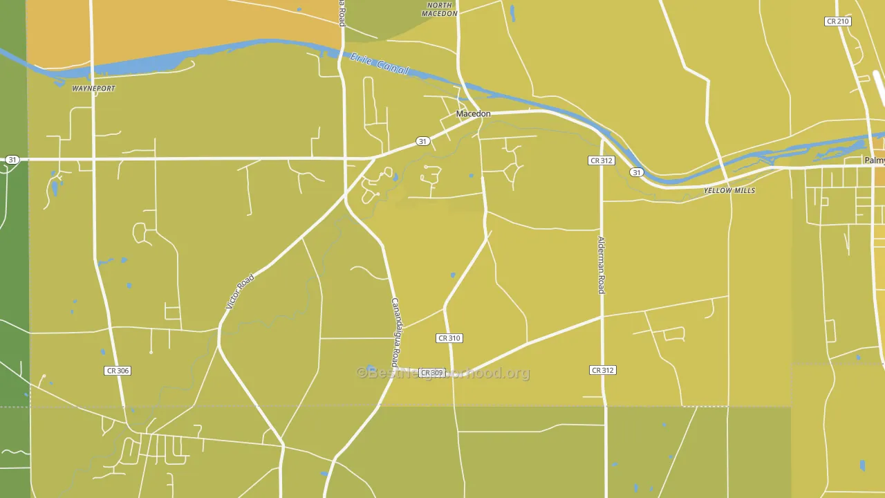 Map of the best neighborhoods in the Macedon Center area, with better matches in green and worse matches in red