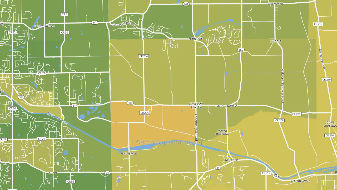 Map of the best neighborhoods in the Macedon area, with better matches in green and worse matches in red