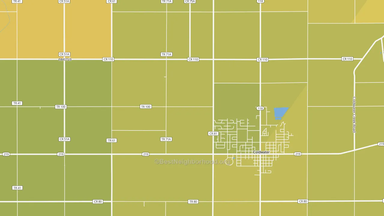 Map of the best neighborhoods in the Macedon area, with better matches in green and worse matches in red