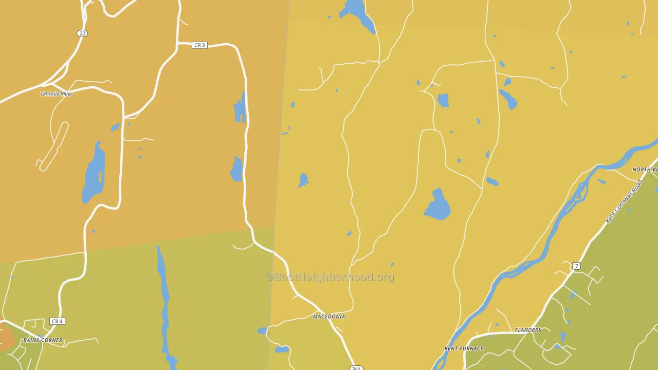 Map of the best neighborhoods in the Macedonia area, with better matches in green and worse matches in red