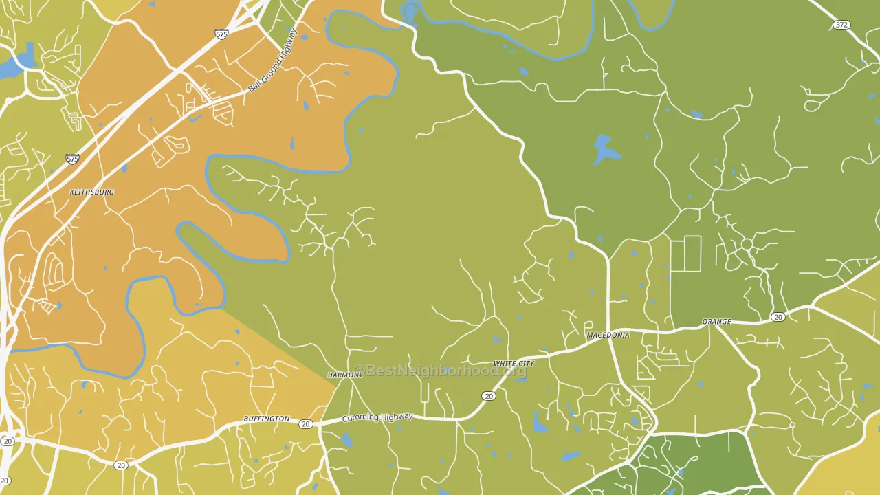 Map of the best neighborhoods in the Macedonia area, with better matches in green and worse matches in red