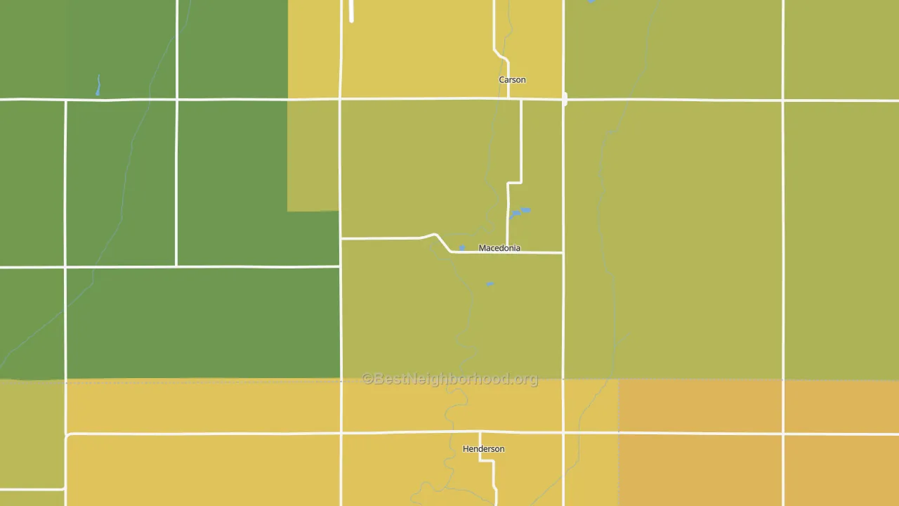 Map of the best neighborhoods in the Macedonia area, with better matches in green and worse matches in red