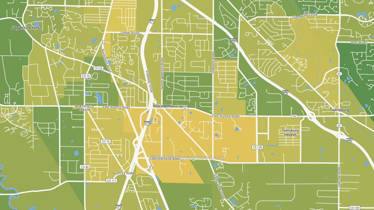 Map of the best neighborhoods in the Macedonia area, with better matches in green and worse matches in red