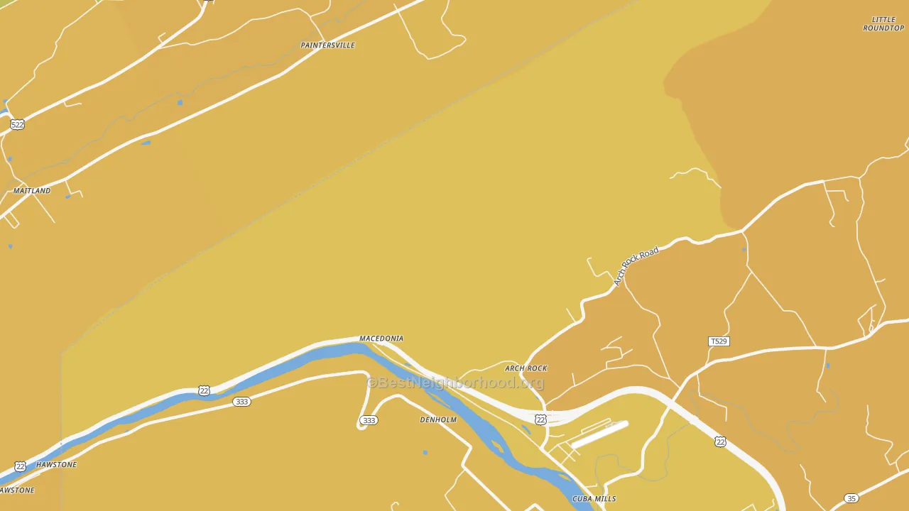 Map of the best neighborhoods in the Macedonia area, with better matches in green and worse matches in red