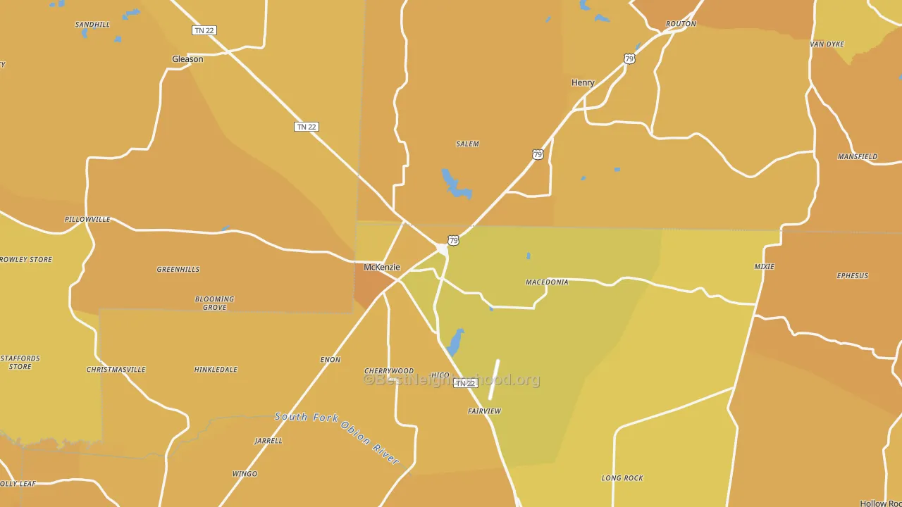 Map of the best neighborhoods in the Macedonia area, with better matches in green and worse matches in red