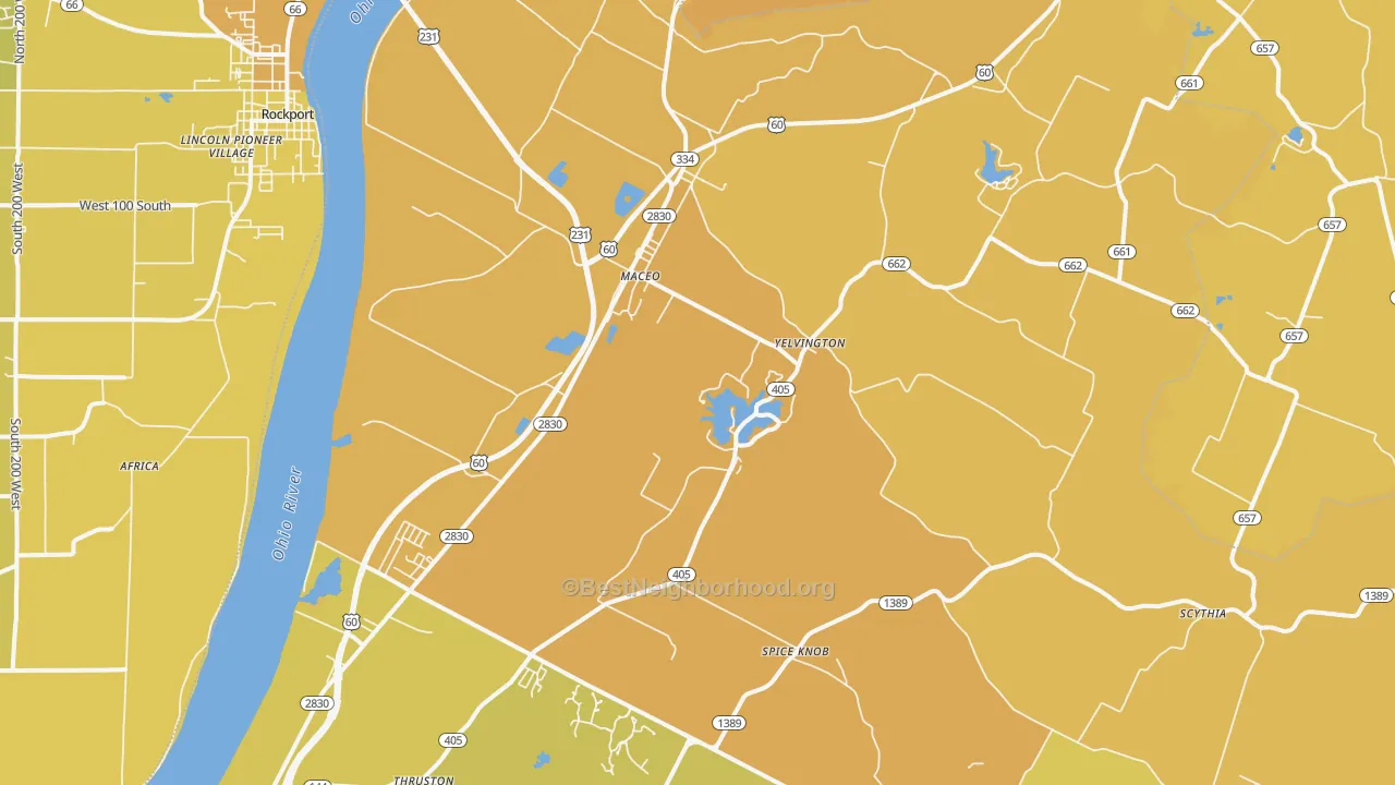 Map of the best neighborhoods in the Maceo area, with better matches in green and worse matches in red