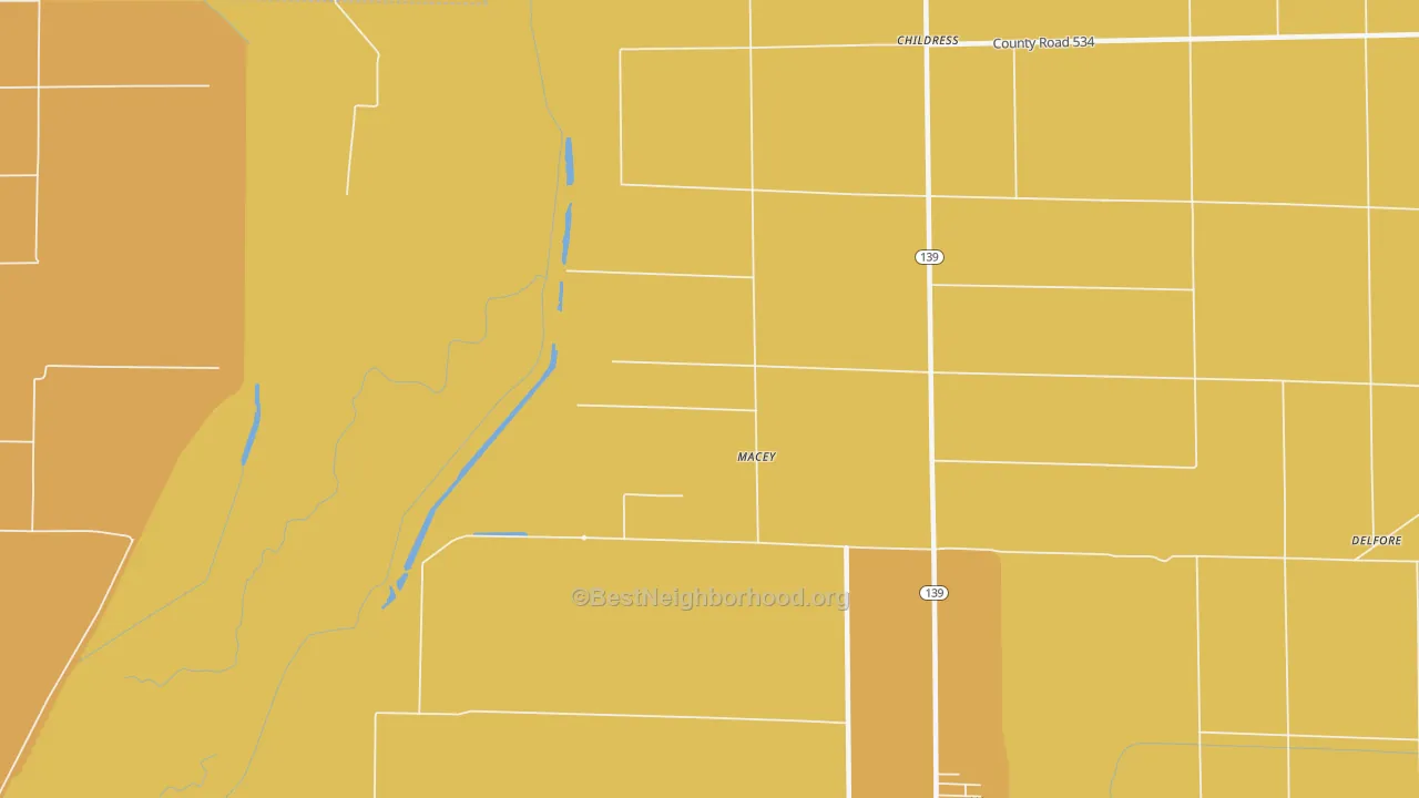 Map of the best neighborhoods in the Macey area, with better matches in green and worse matches in red