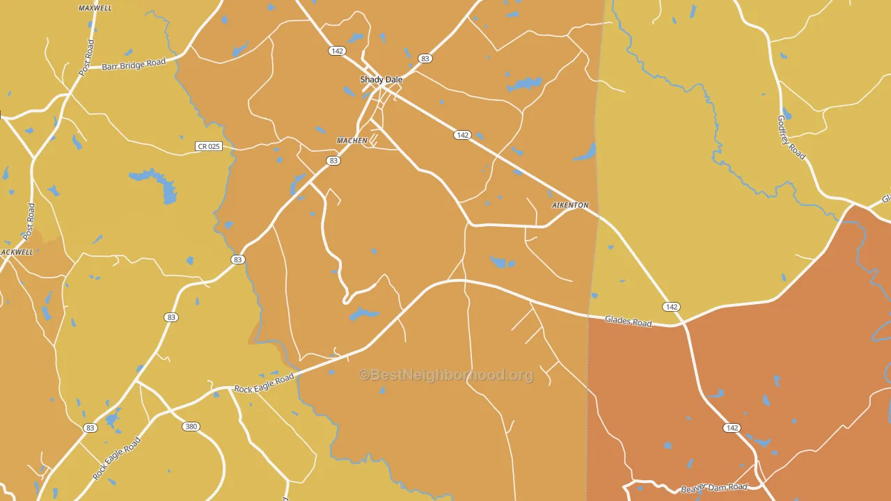 Map of the best neighborhoods in the Machen area, with better matches in green and worse matches in red