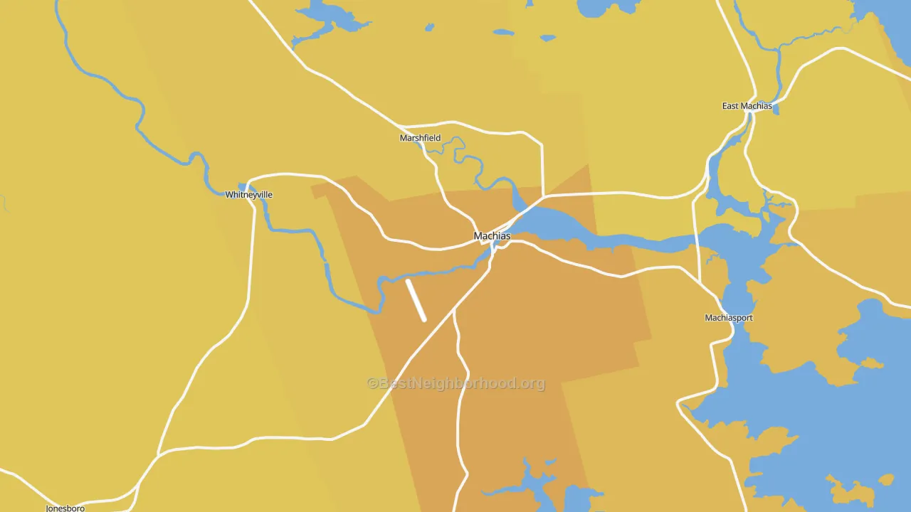 Map of the best neighborhoods in the Machias area, with better matches in green and worse matches in red