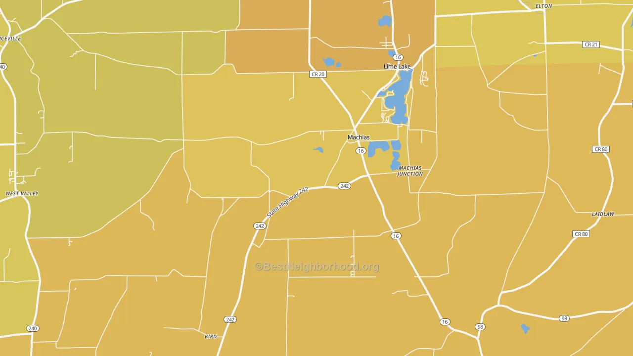 Map of the best neighborhoods in the Machias area, with better matches in green and worse matches in red