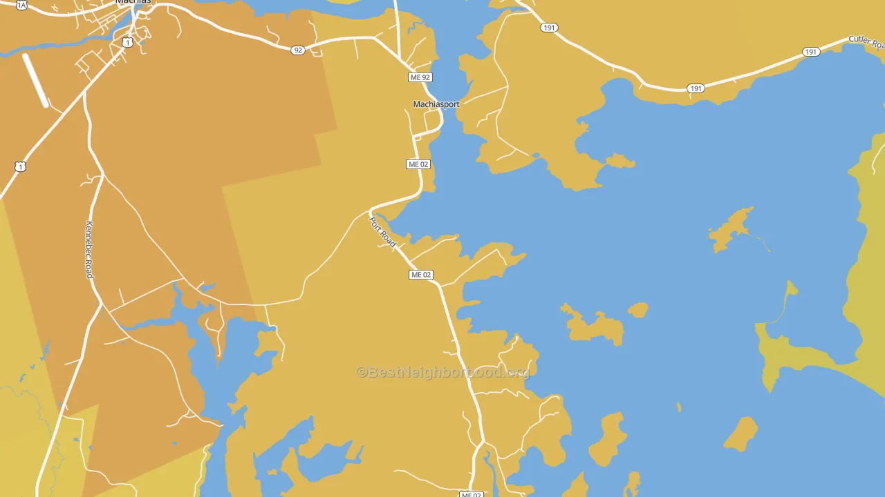 Map of the best neighborhoods in the Machiasport area, with better matches in green and worse matches in red