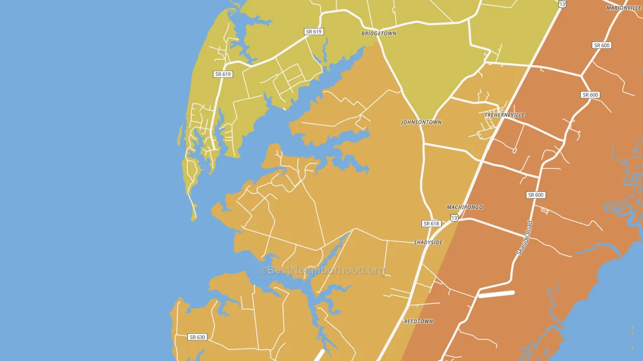 Map of the best neighborhoods in the Machipongo area, with better matches in green and worse matches in red