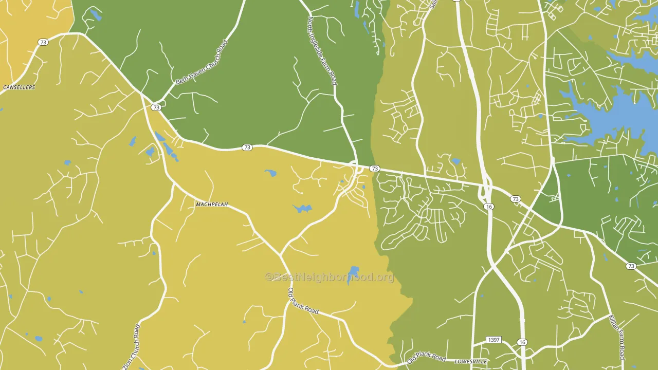 Map of the best neighborhoods in the Machpelah area, with better matches in green and worse matches in red