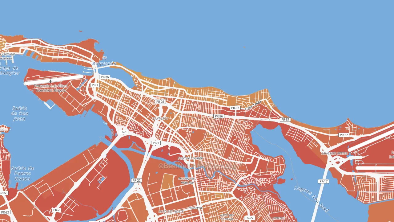 Map of the best neighborhoods in the Machuchal, San Juan area, with better matches in green and worse matches in red