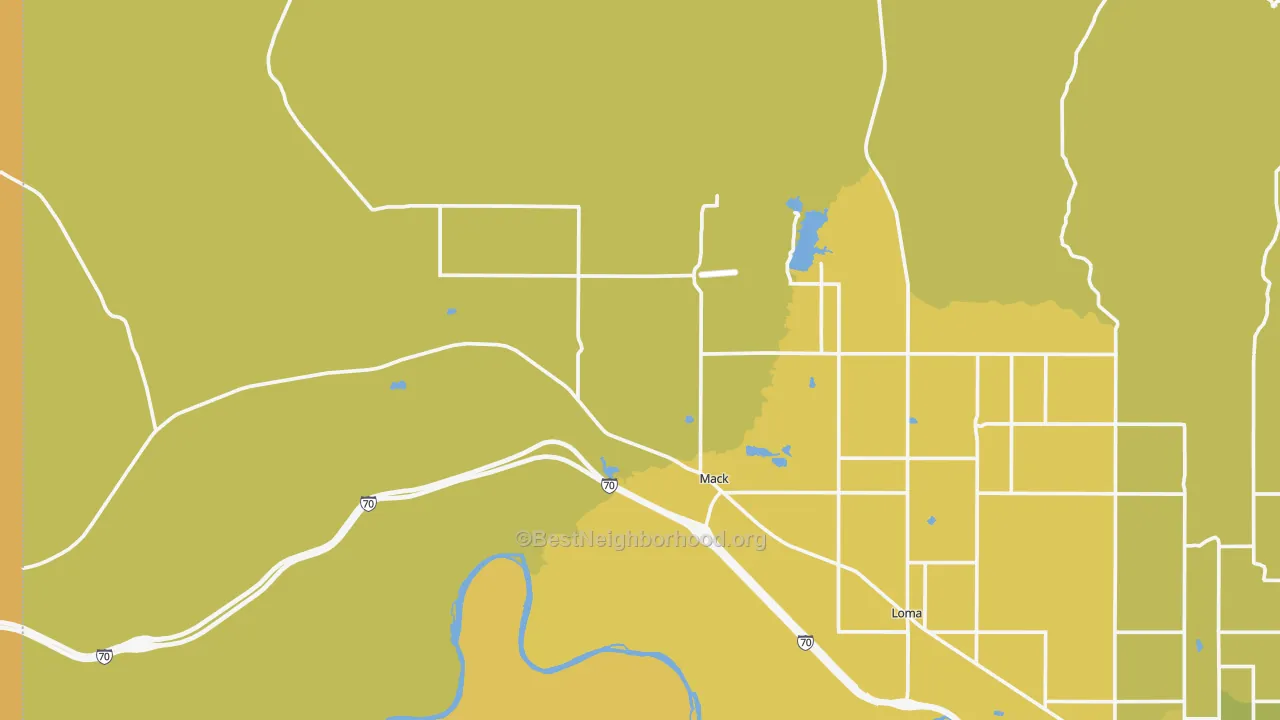 Map of the best neighborhoods in the Mack area, with better matches in green and worse matches in red
