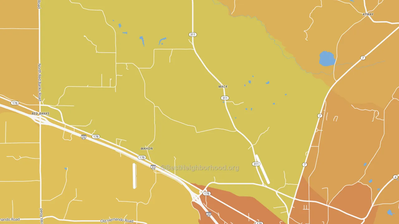 Map of the best neighborhoods in the Mack area, with better matches in green and worse matches in red