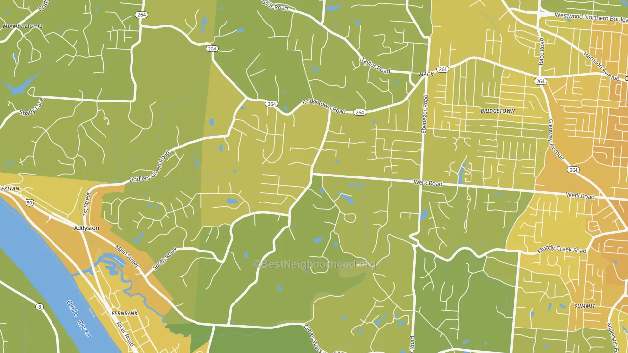 Map of the best neighborhoods in the Mack South, Cincinnati area, with better matches in green and worse matches in red