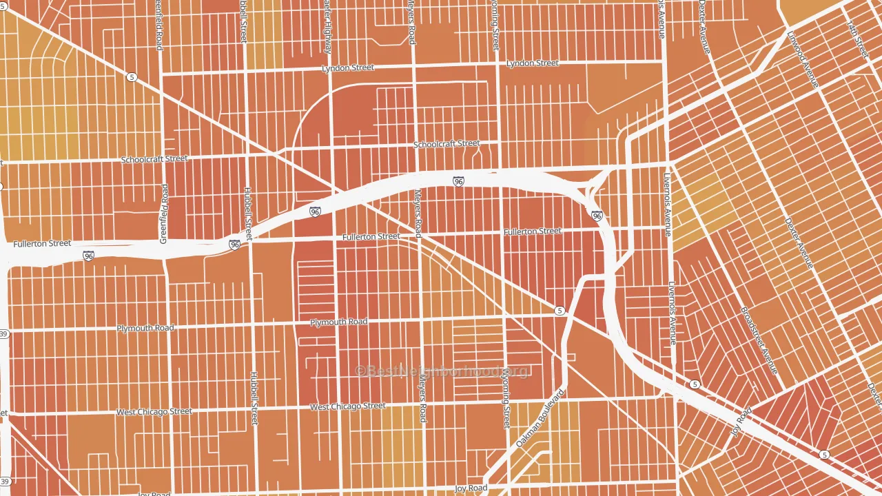 Map of the best neighborhoods in the MacKenzie, Detroit area, with better matches in green and worse matches in red