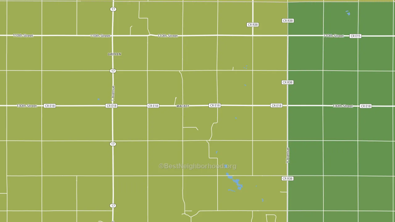Map of the best neighborhoods in the Mackey area, with better matches in green and worse matches in red