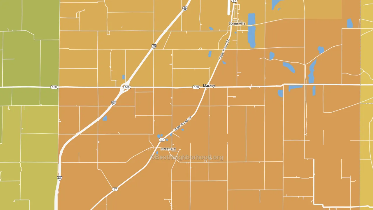 Map of the best neighborhoods in the Mackey area, with better matches in green and worse matches in red