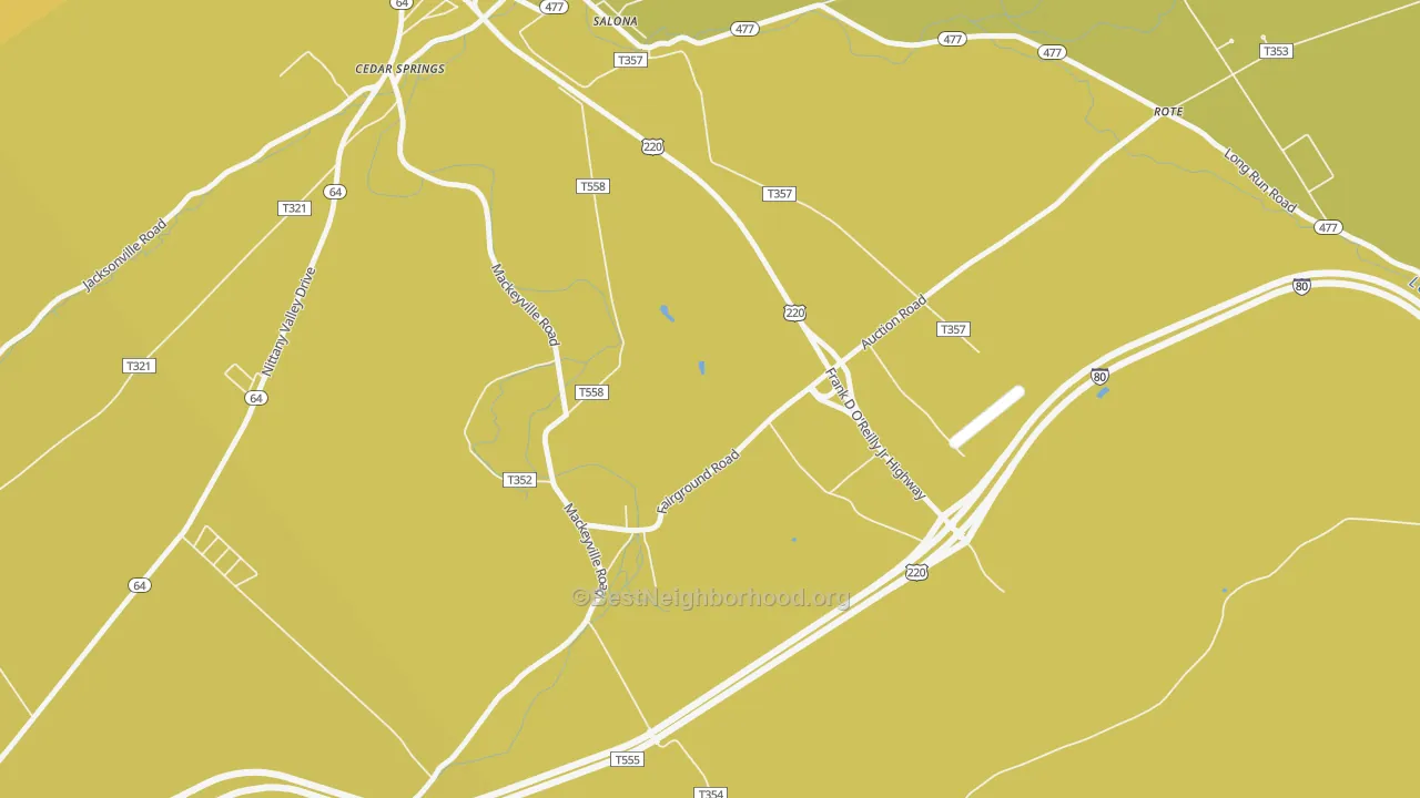 Map of the best neighborhoods in the Mackeyville area, with better matches in green and worse matches in red