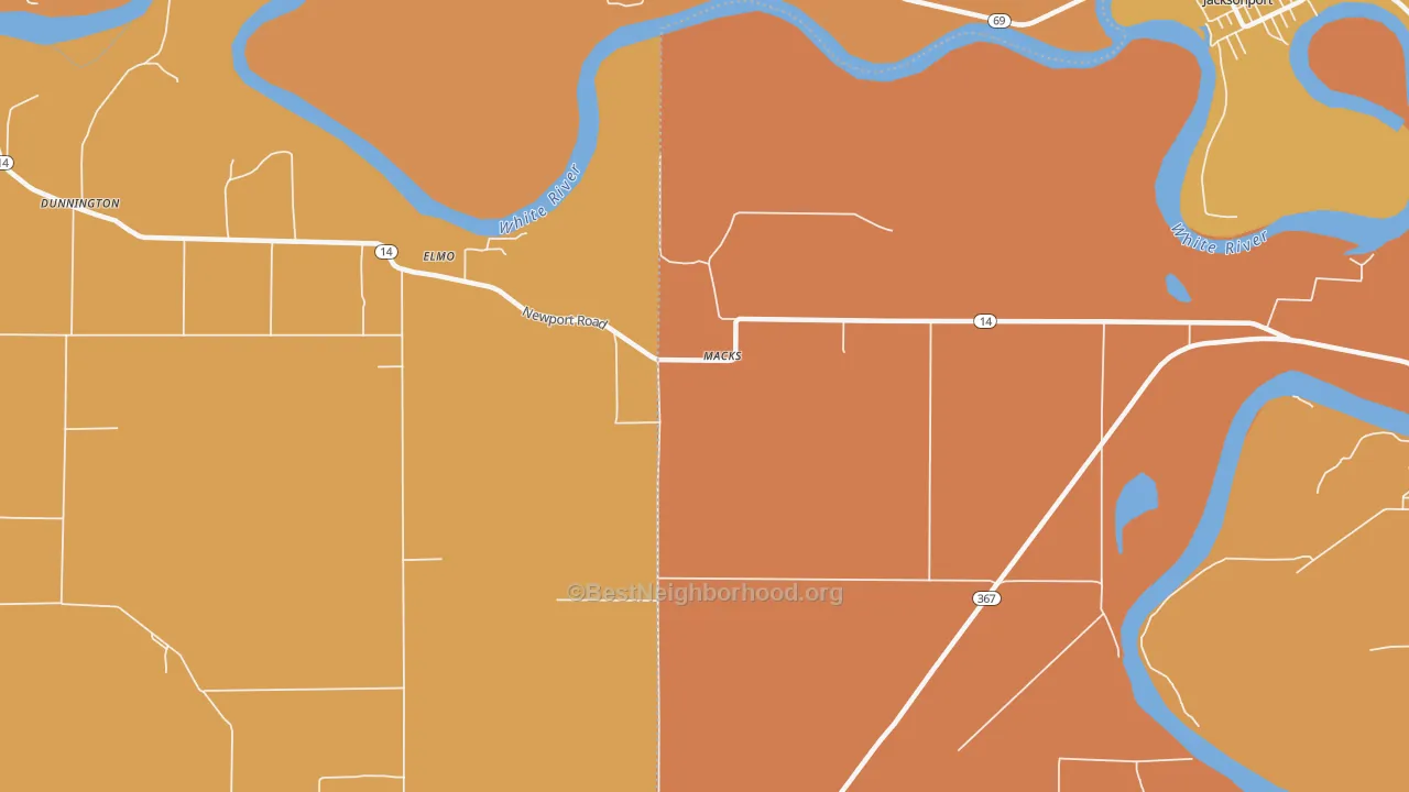 Map of the best neighborhoods in the Macks area, with better matches in green and worse matches in red