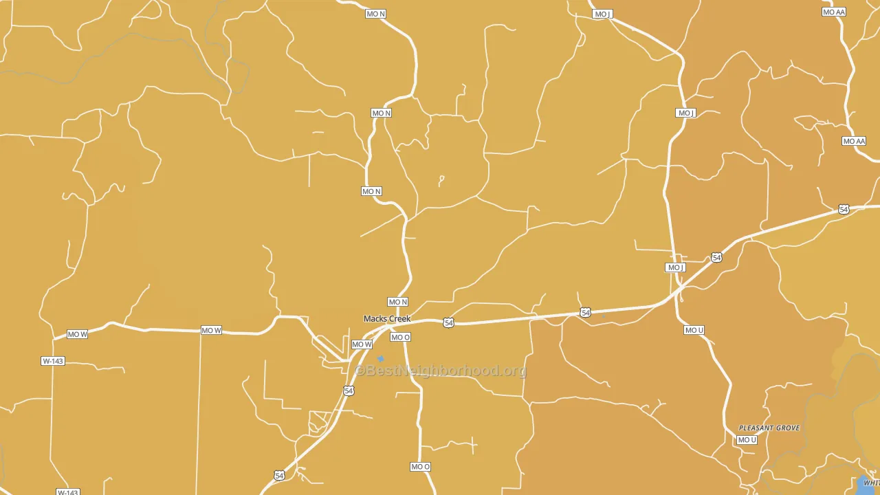 Map of the best neighborhoods in the Macks Creek area, with better matches in green and worse matches in red
