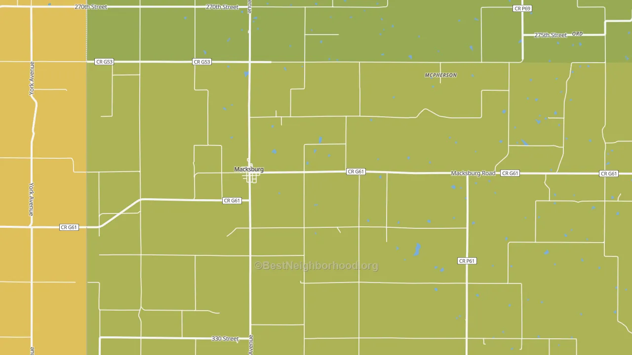 Map of the best neighborhoods in the Macksburg area, with better matches in green and worse matches in red