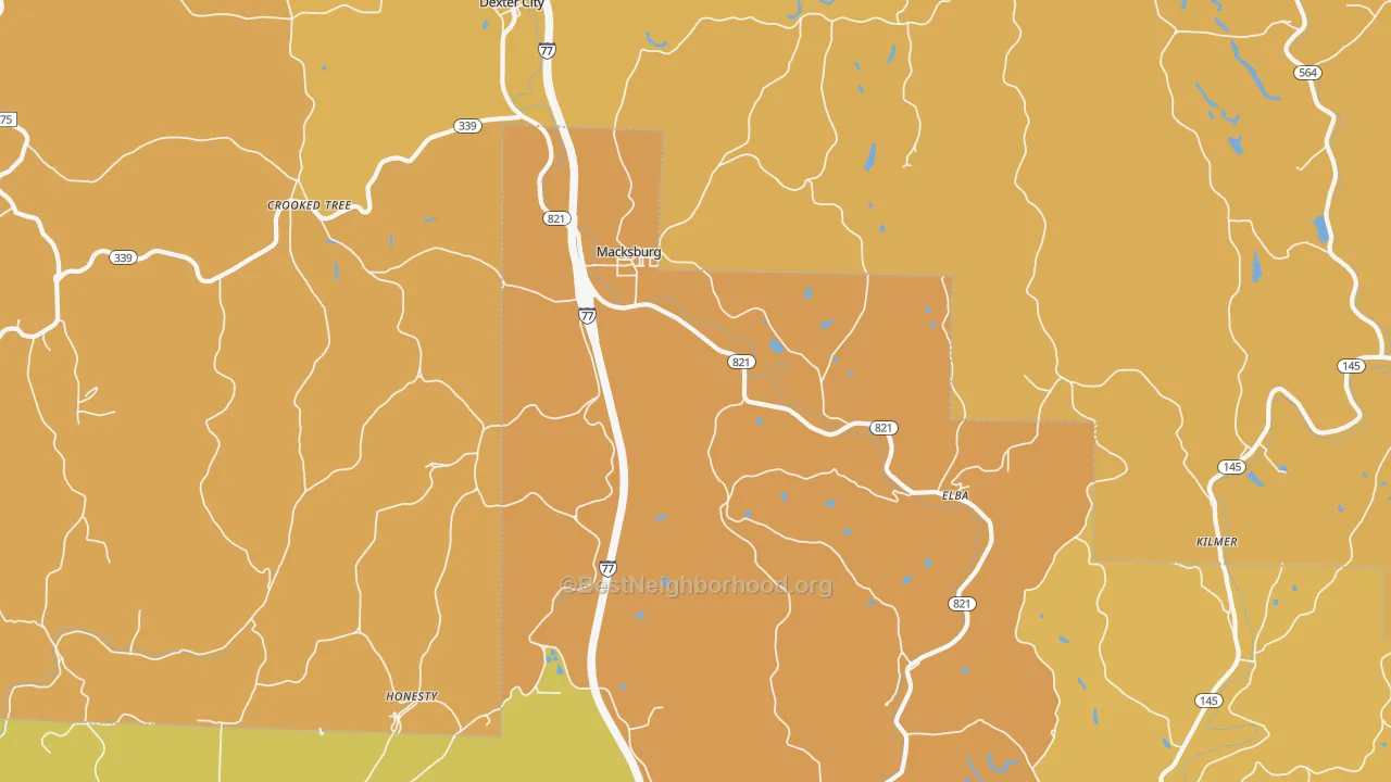 Map of the best neighborhoods in the Macksburg area, with better matches in green and worse matches in red