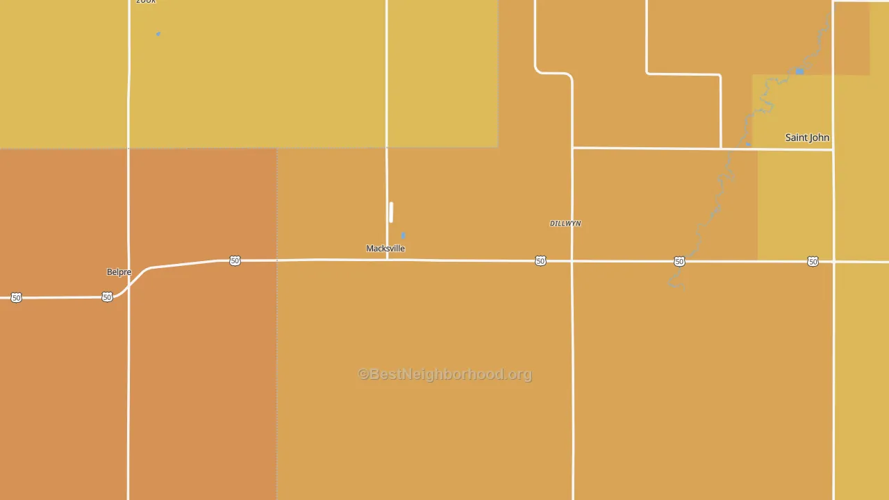 Map of the best neighborhoods in the Macksville area, with better matches in green and worse matches in red