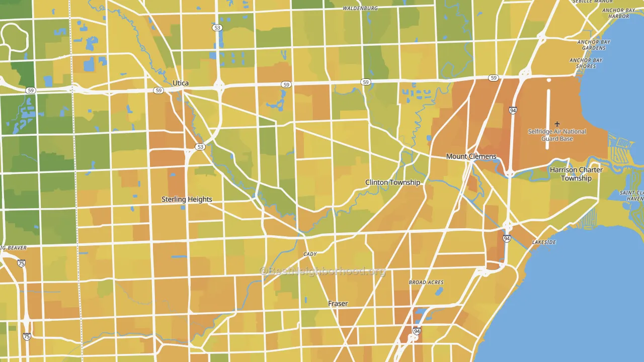 Map of the best neighborhoods in the Macomb County area, with better matches in green and worse matches in red