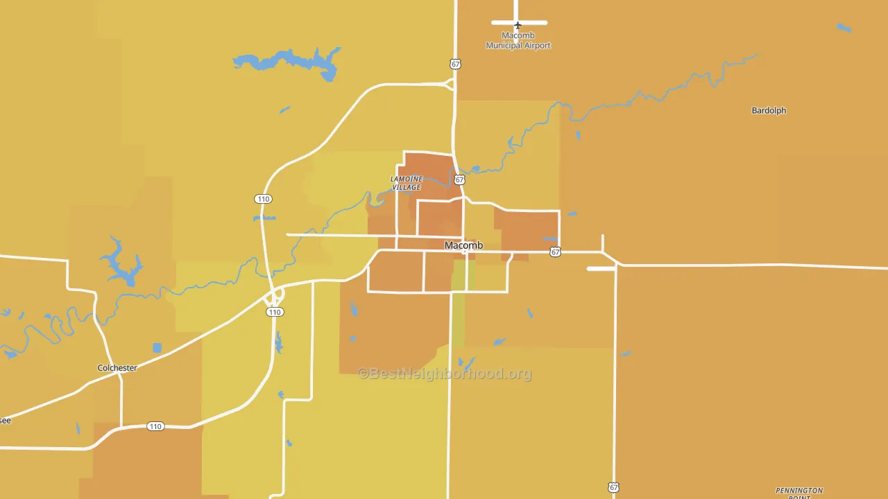 Map of the best neighborhoods in the Macomb area, with better matches in green and worse matches in red