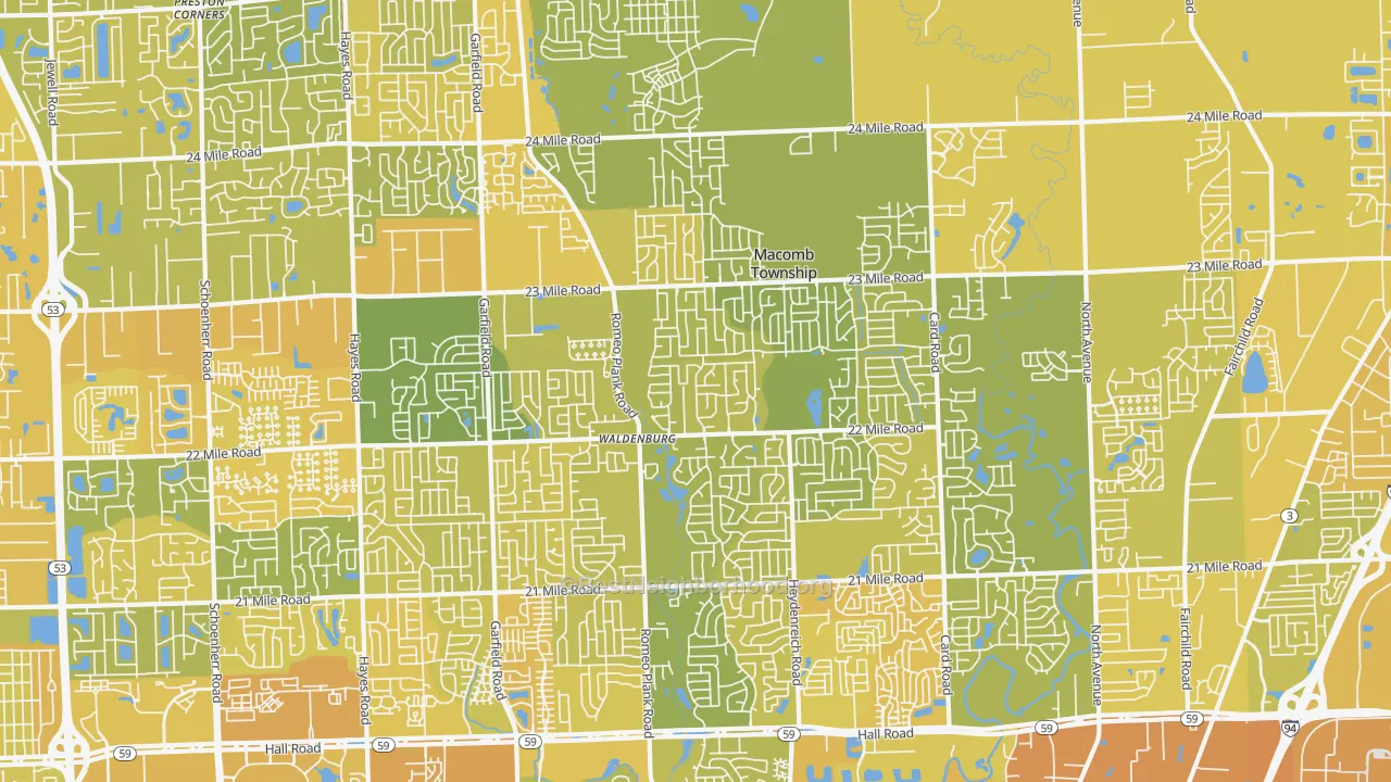 Map of the best neighborhoods in the Macomb area, with better matches in green and worse matches in red