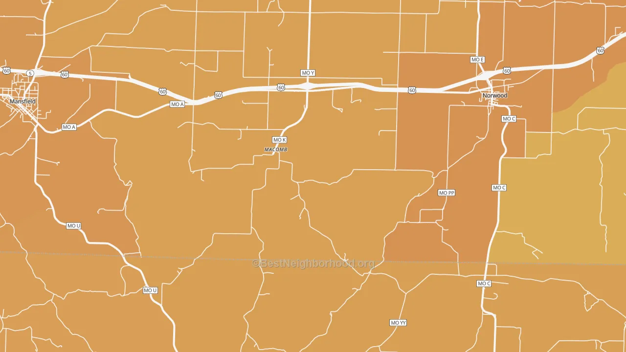 Map of the best neighborhoods in the Macomb area, with better matches in green and worse matches in red