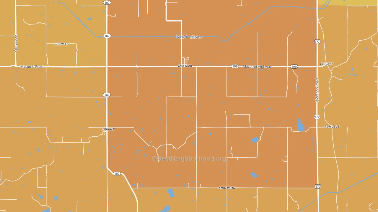 Map of the best neighborhoods in the Macomb area, with better matches in green and worse matches in red